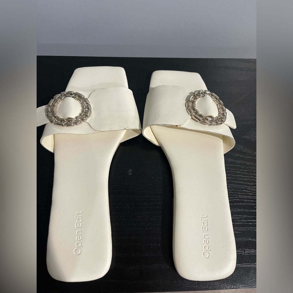 Open Edit Cream Slide Sandals with Silver Accent
